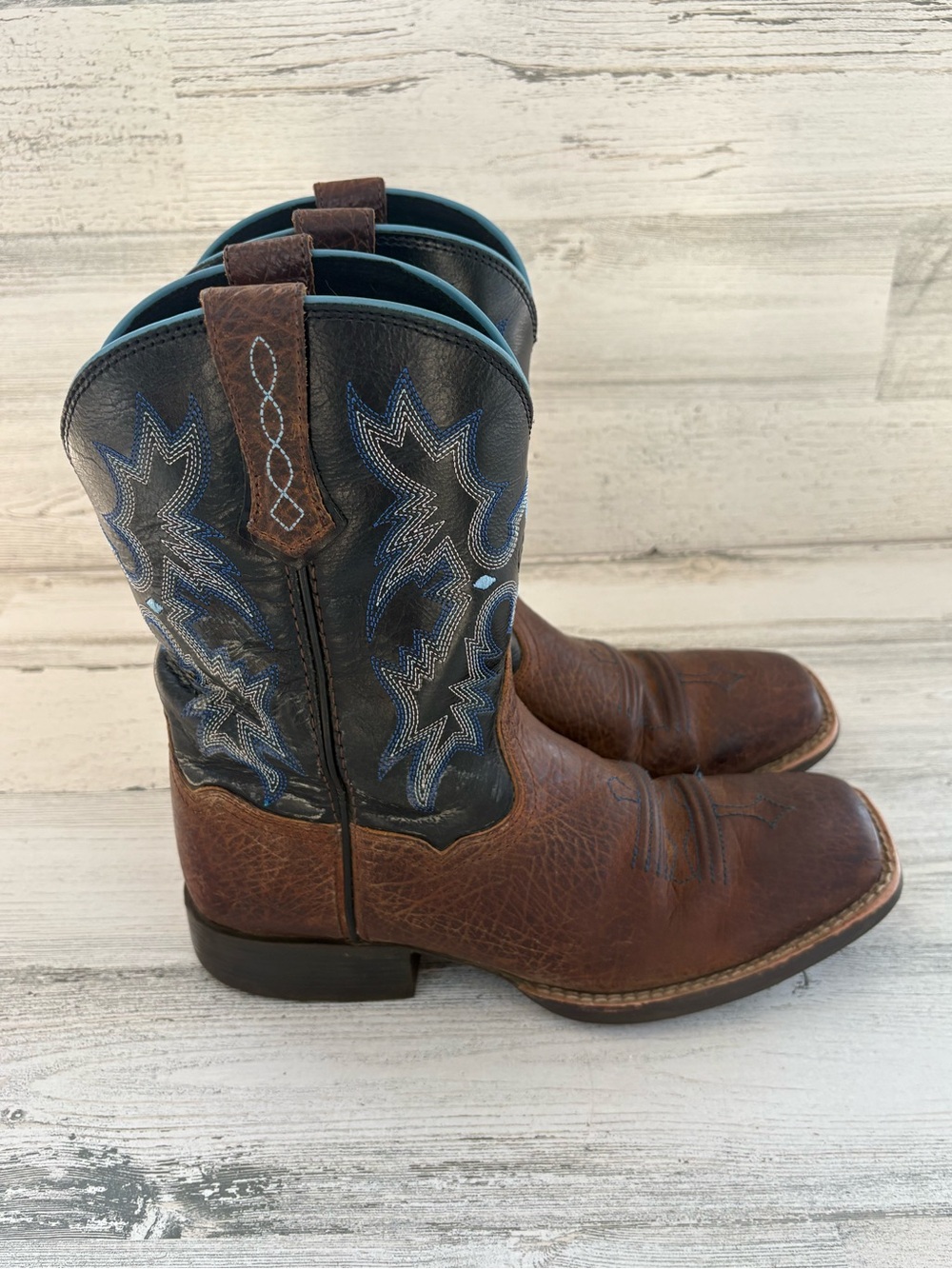Ariat Big Boy Size 4 Tombstone Pull On Square Toe Western Boots Blue/Black/Brown